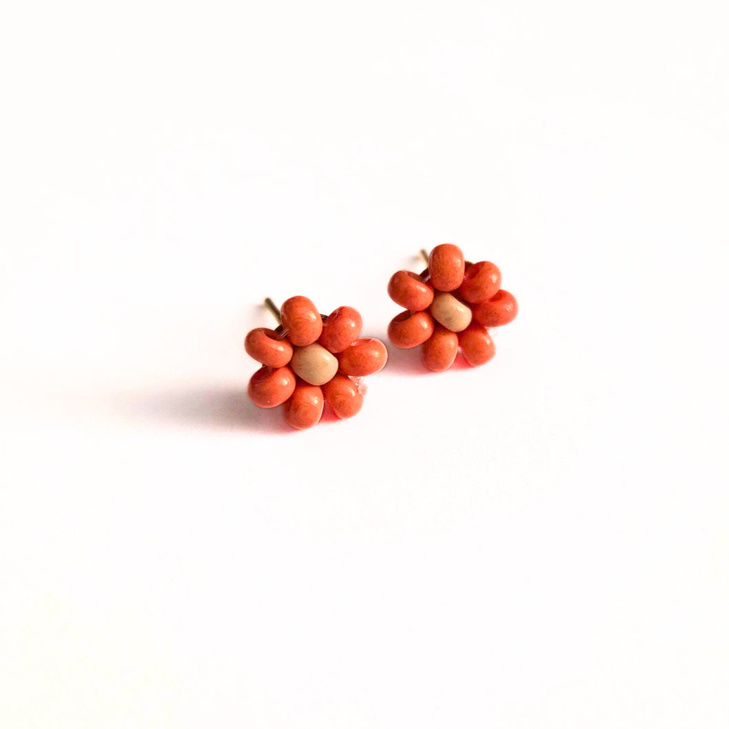 Coral Beaded Flower Stud Earrings
