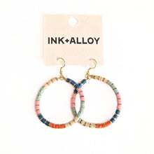 Load image into Gallery viewer, Blue Cream &amp; Coral Dangle Hoop Earrings